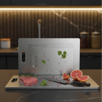 Stainless steel cutting board with knife, pink fruit, and herbs on a kitchen counter.