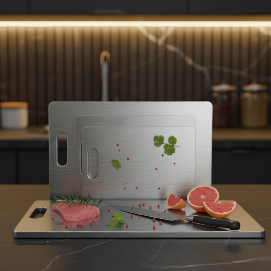 Stainless steel cutting board with knife, pink fruit, and herbs on a kitchen counter.